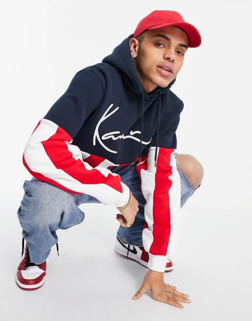 Karl Kani - Felpa con cappuccio colorblock blu navy multicolore con firma