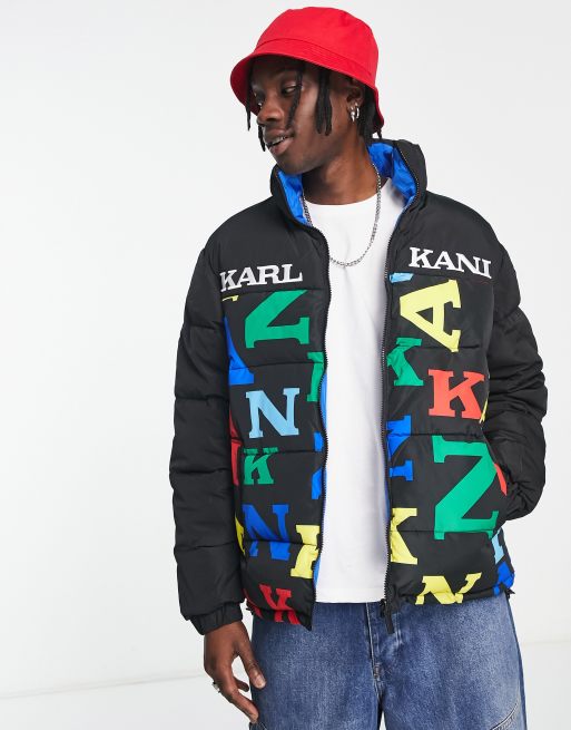 Karl Kani – Flerfärgad vändbar pufferjacka i retroblockstil