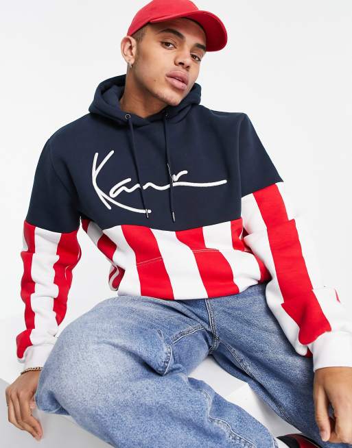 Karl Kani – Kapuzenpullover in Marineblau-Bunt mit Markenlogo und Blockstreifen, 3 von 4