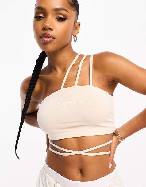 Karl Kani logo tie front crop top in beige 