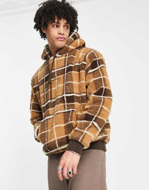 Plaid drawstring teddy hoodie hot sale