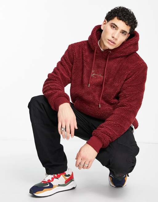 Karl Kani metal signature teddy hoodie in burgundy | ASOS