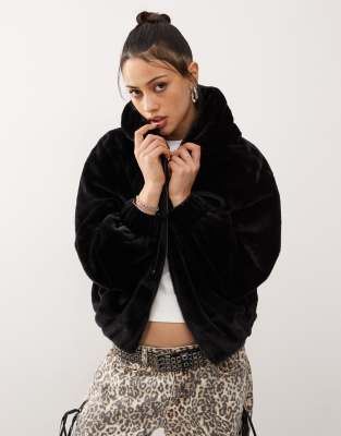 Karl Kani Karl Kani metal signature vegan fur zip hoodie jacket in black