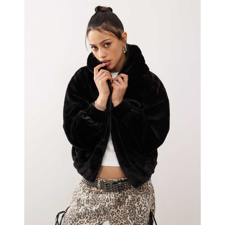 Karl Kani metal signature vegan fur zip hoodie jacket in black | ASOS