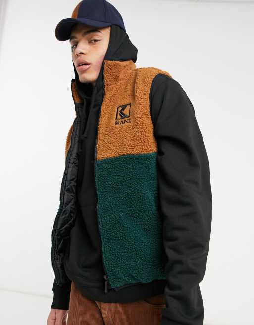 Karl Kani OG block teddy fleece gilet in beige/green | ASOS