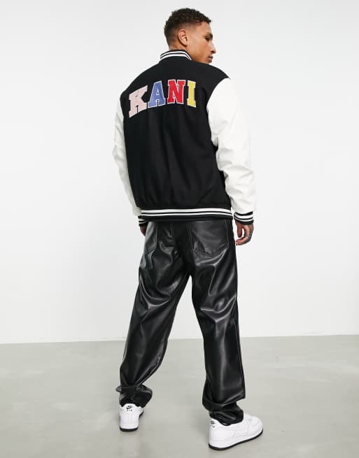Karl Kani – OG – College-Jacke aus Kunstleder in Schwarz und Weiß