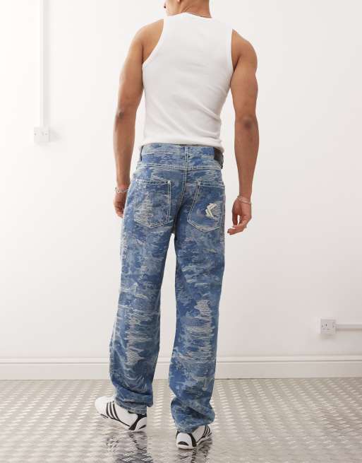 Karl Kani OG distressed camo five pocket denim jeans in mid wash blue, 2 of 5
