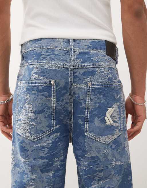 Karl Kani OG distressed camo five pocket denim jeans in mid wash blue, 4 of 5