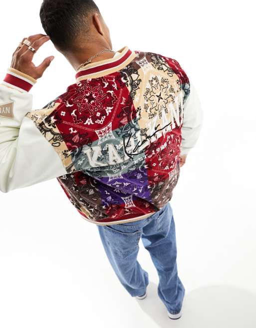 Karl Kani - OG - Giacca bomber stile college con maniche in pelle sintetica e motivo cachemire patchwork multicolore