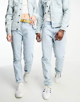 Karl Kani unisex co-ord OG denim jeans in light blue with daisy embroidery - ASOS Price Checker