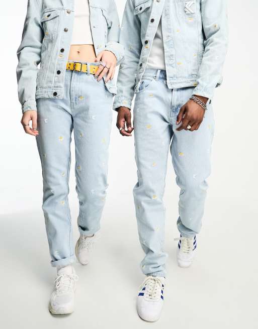 Karl Kani – OG – Unisex-Denim-Jeans in Hellblau mit Gänseblümchenstickerei, Kombiteil