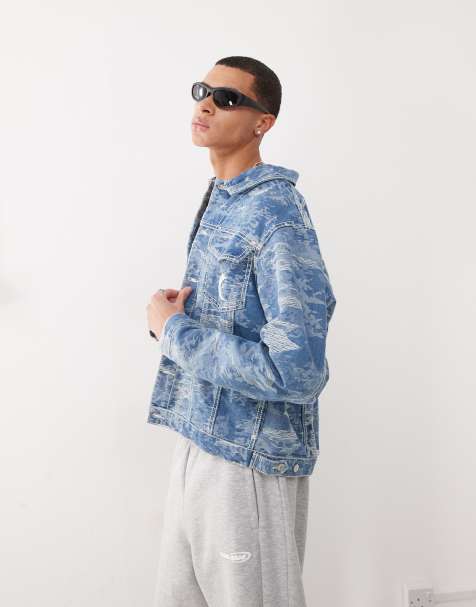 Karl Kani - OG - Veste en jean effet usé avec motif camouflage - Bleu moyen délavé - view 1