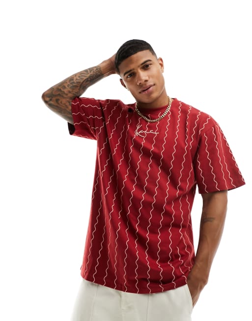 Karl Kani – Oversize-T-Shirt in Dunkelrot mit welligen Längsstreifen und Signatur-Logo