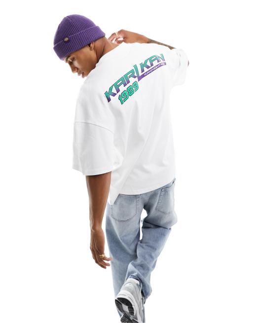 Karl Kani – Oversize-T-Shirt in Weiß mit reflektierendem Signatur-Logo und Motorsport-Rückenprint
