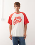 [Karl Kani] Karl Kani oversized raglan t-shirt in white and red with chest print-Multi Chest 28-31 MULTI