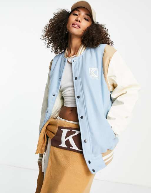 Karl Kani retro spliced paisley varsity jacket in blue and beige