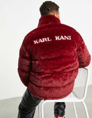 Karl Kani faux fur puffer jacket in burgundy - ASOS Price Checker