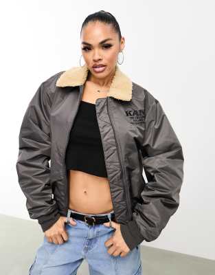 Karl Kani retro aviator bomber jacket in grey with contrast borg collar