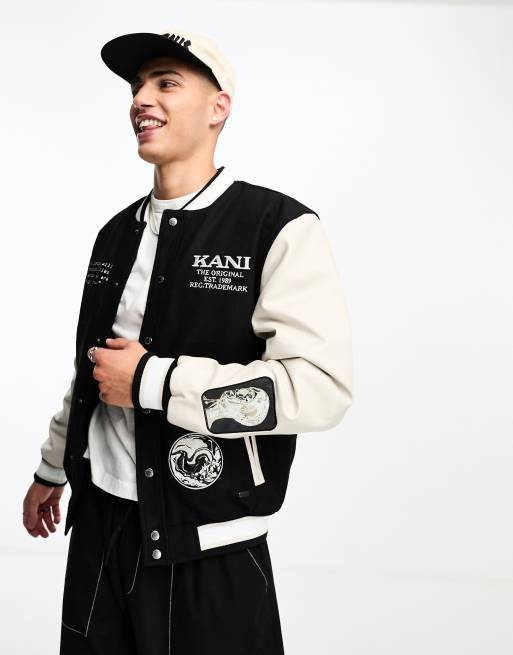 Karl Kani retro block varsity jacket in black and off white with ...