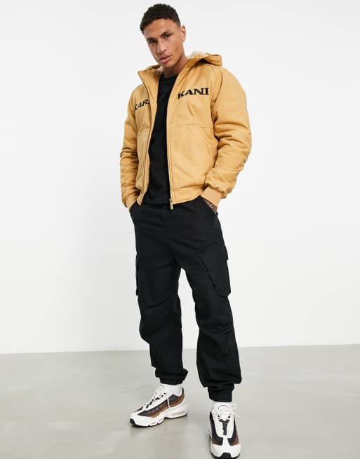 Karl Kani – Retro-Bomberjacke aus Twill mit Kapuze in Sandbeige