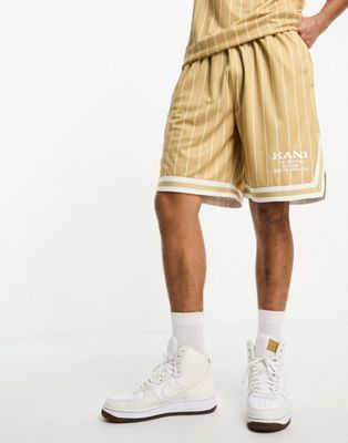 Karl Kani retro co-ord pinstripe jersey shorts in beige and white