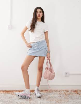 Karl Kani retro denim cargo skirt in bleached wash blue