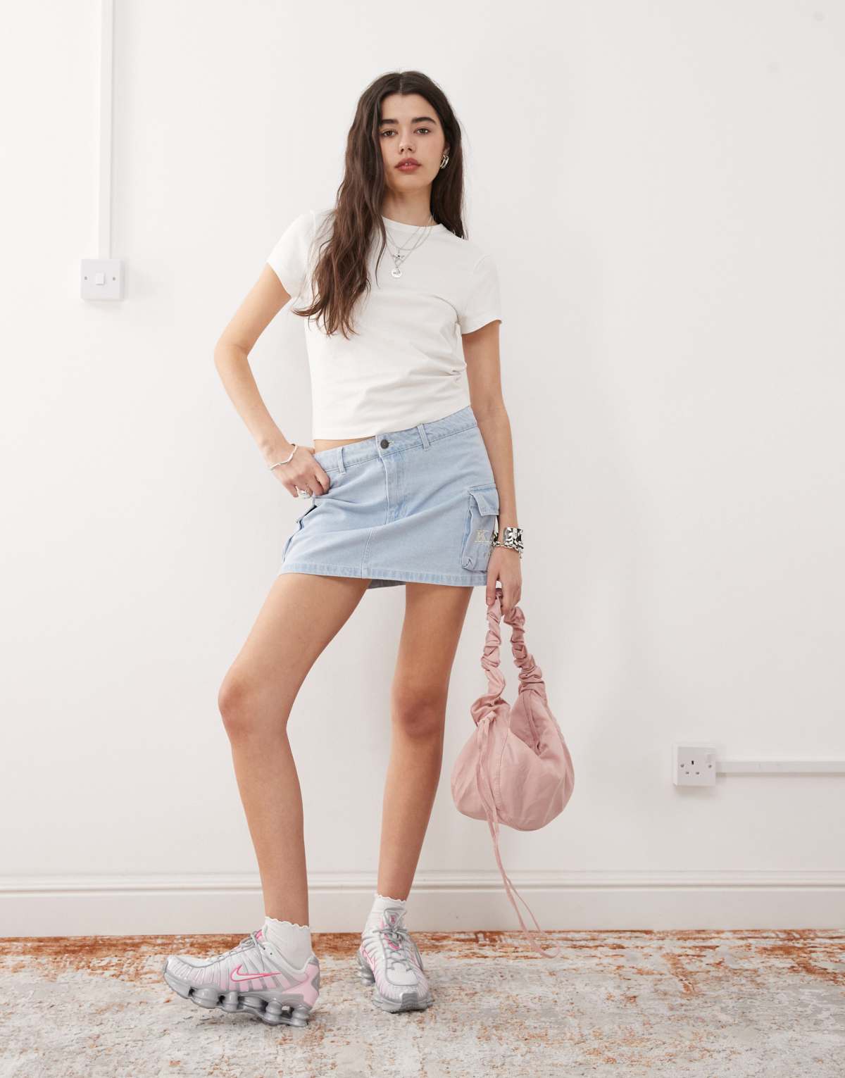 Karl Kani retro denim cargo skirt in bleached wash blue