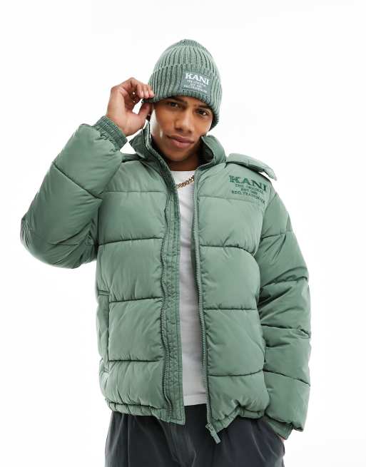 Karl Kani retro hooded puffer jacket in dusty green | ASOS