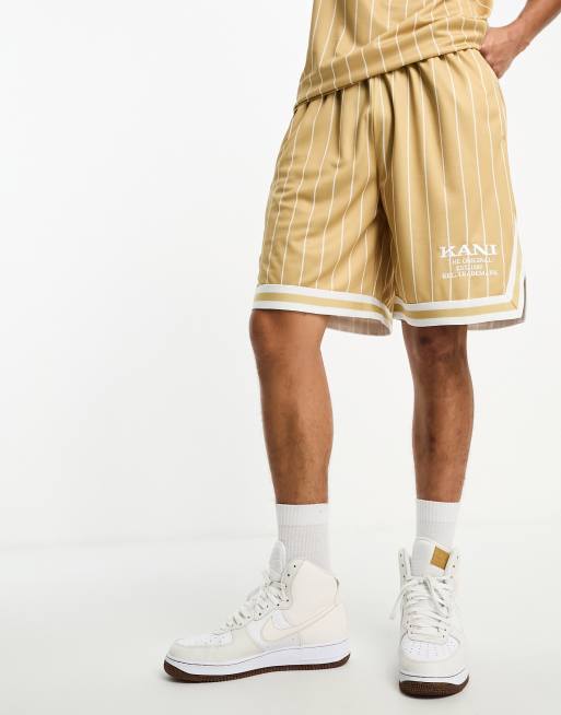 Karl Kani retro pinstripe jersey shorts in beige and white (Part of a set)