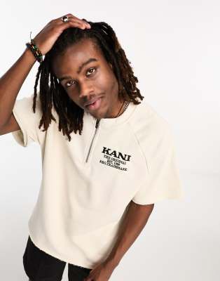 Karl Kani retro short sleeve sweatshirt in beige with half zip detail