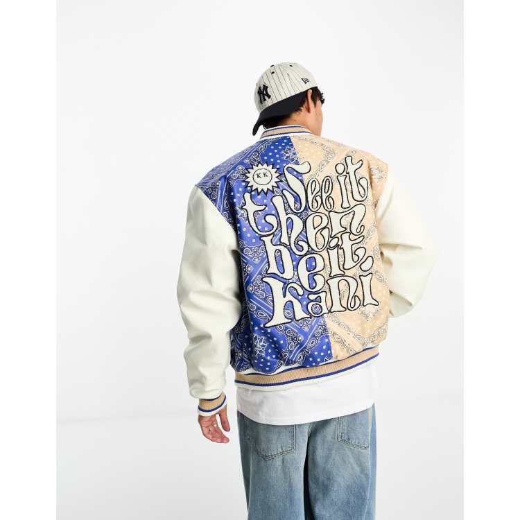 Karl Kani retro spliced paisley varsity jacket in blue and beige