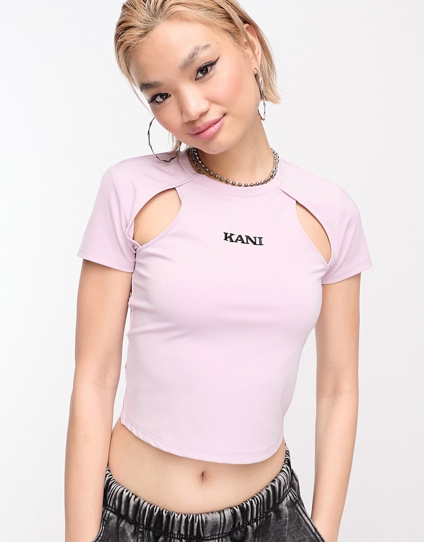 Karl Kani retro t-shirt in light purple high shine with cut out detail