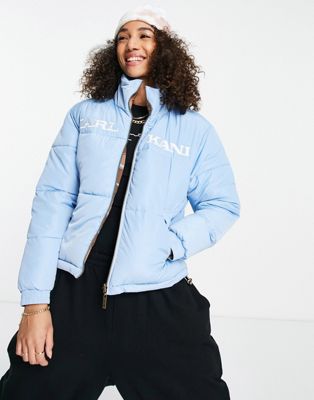 Karl Kani reversible puffer jacket in retro check and baby blue