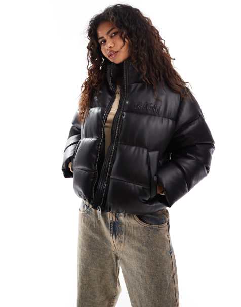 Karl Kani serif cropped PU puffer jacket in black - view 1
