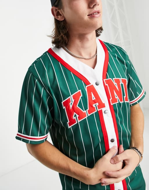 Karl Kani serif pinstripe baseball shirt in green ASOS