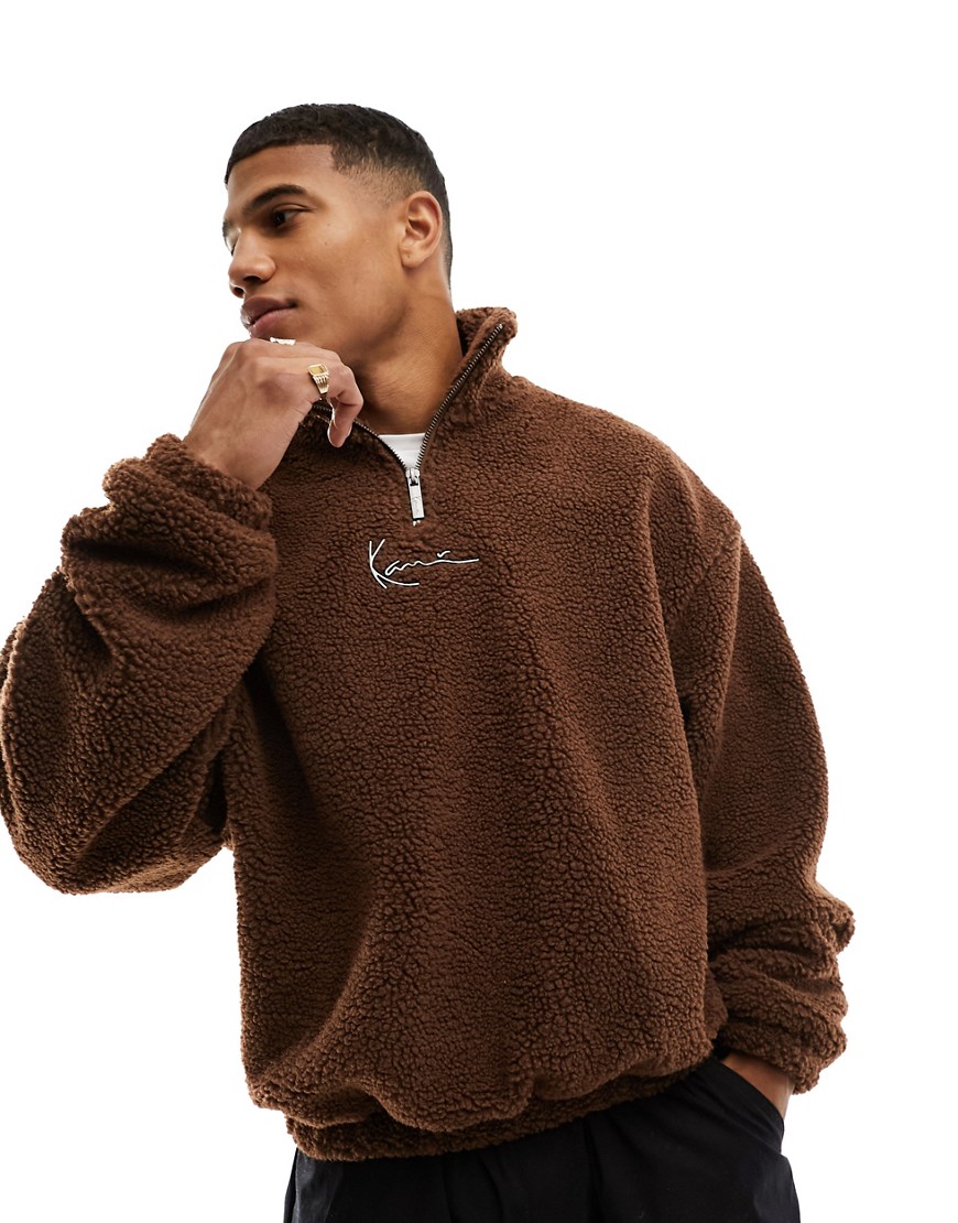 Karl Kani signature half zip sweatshirt in brown borg with metallic logo