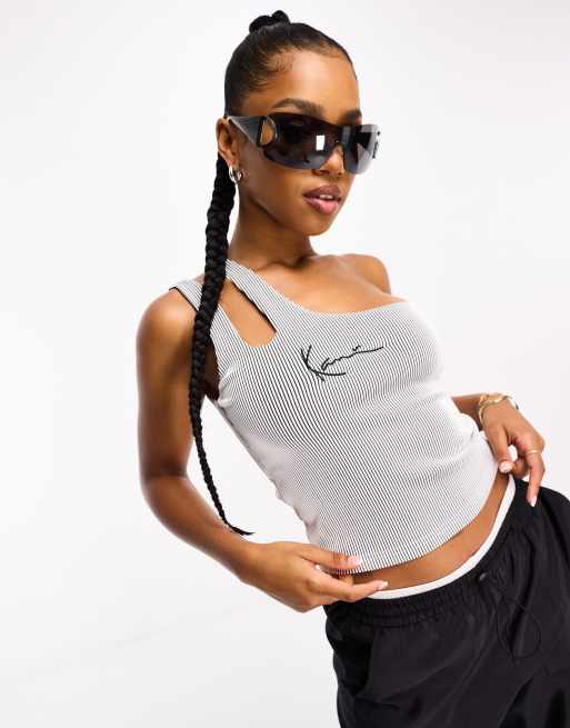 Karl Kani signature logo asymmetric cut out crop top in white (part of a set)