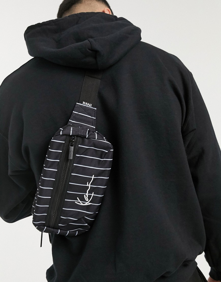 Karl Kani Signature logo pinstripe hip bag in black