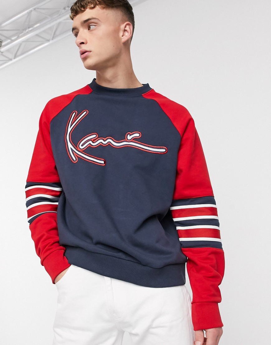 Karl Kani – Signature – Marinblå sweatshirt med kontrasterande blockfärgade ärmar