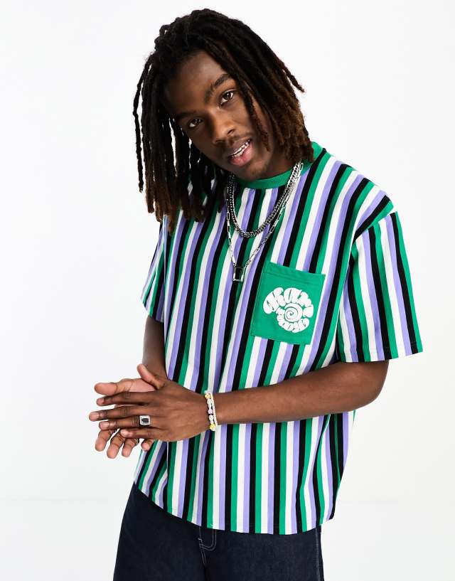 Karl Kani - signature oversized t-shirt in blue multi-coloured vertical stripes