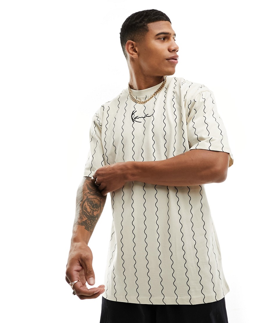 Karl Kani signature oversized t-shirt in off white with wavy vertical stripes-Neutral