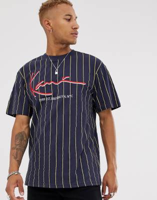 Karl Kani Signature Pinstripe logo t-shirt in navy | ASOS