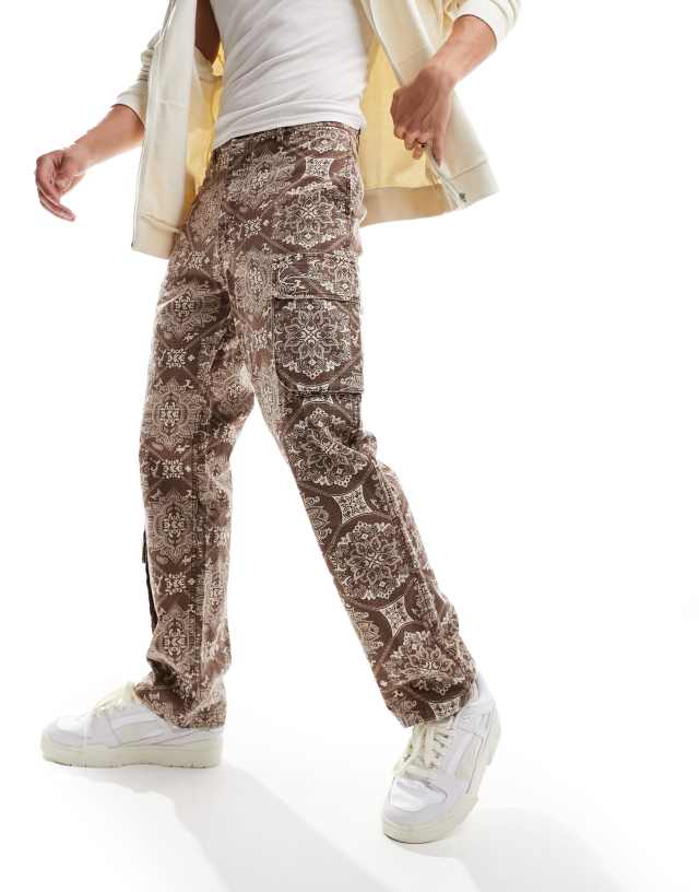 Karl Kani - signature straight leg cargo trousers in brown paisley ripstop