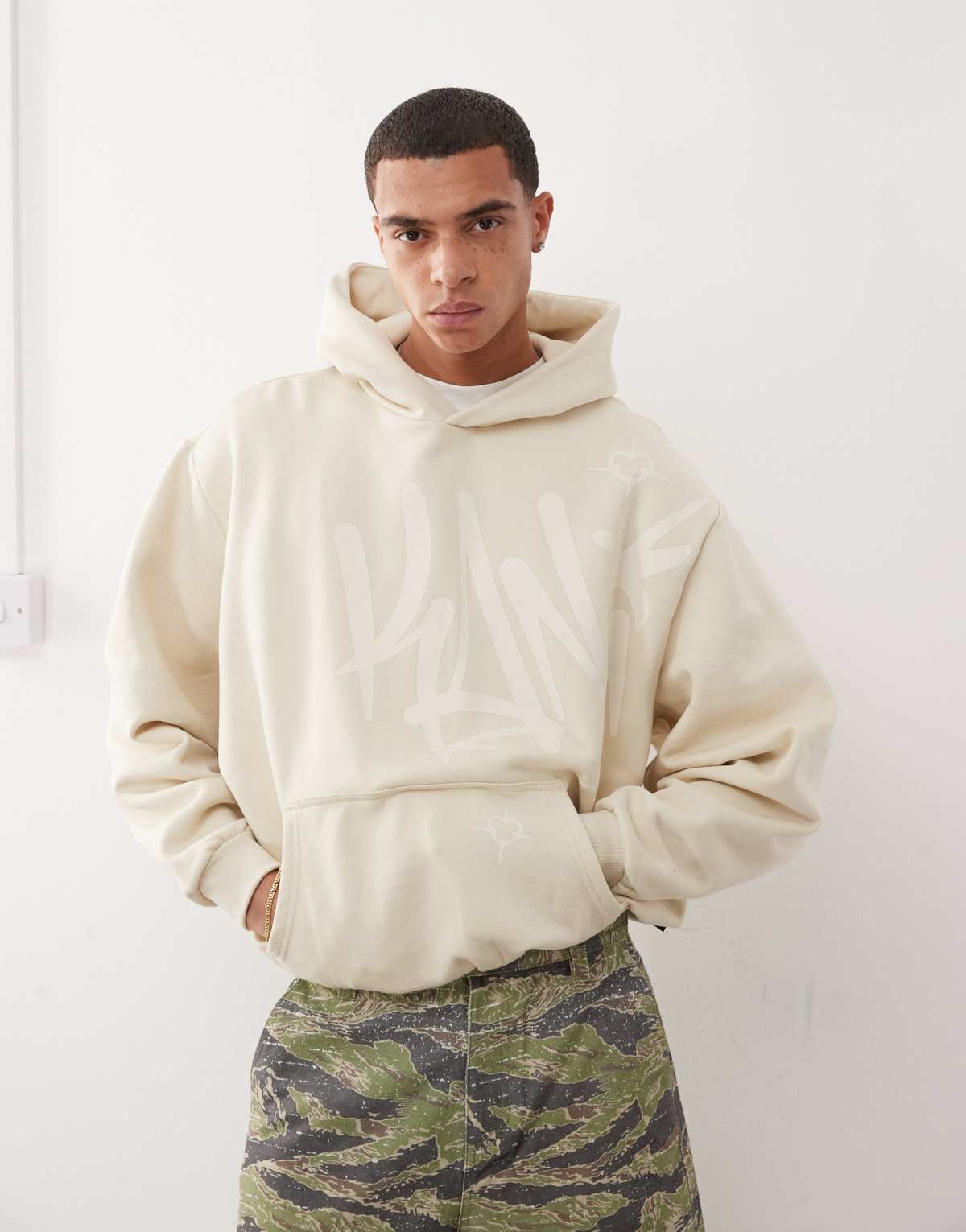 Karl Kani Signature tag graphic logo hoodie in beige