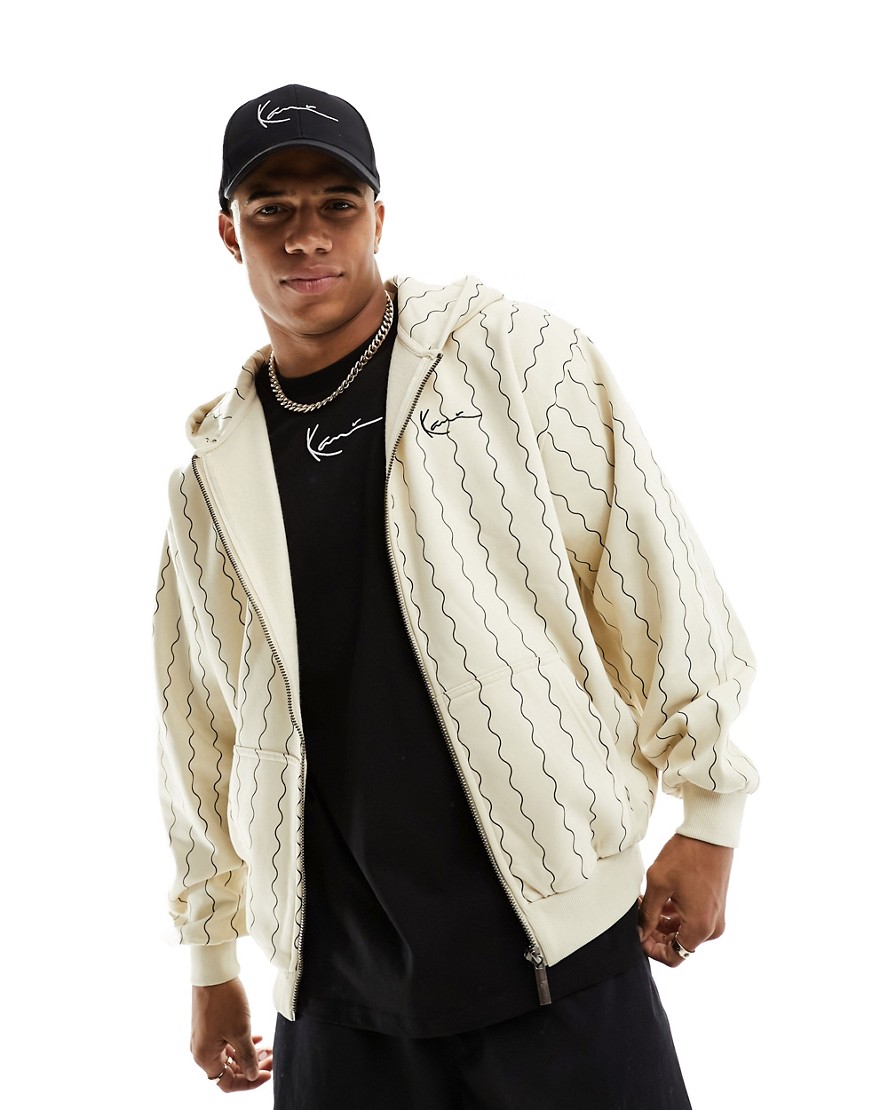 Karl Kani signature zip through hoodie in off white with wavy vertical stripes-Neutral