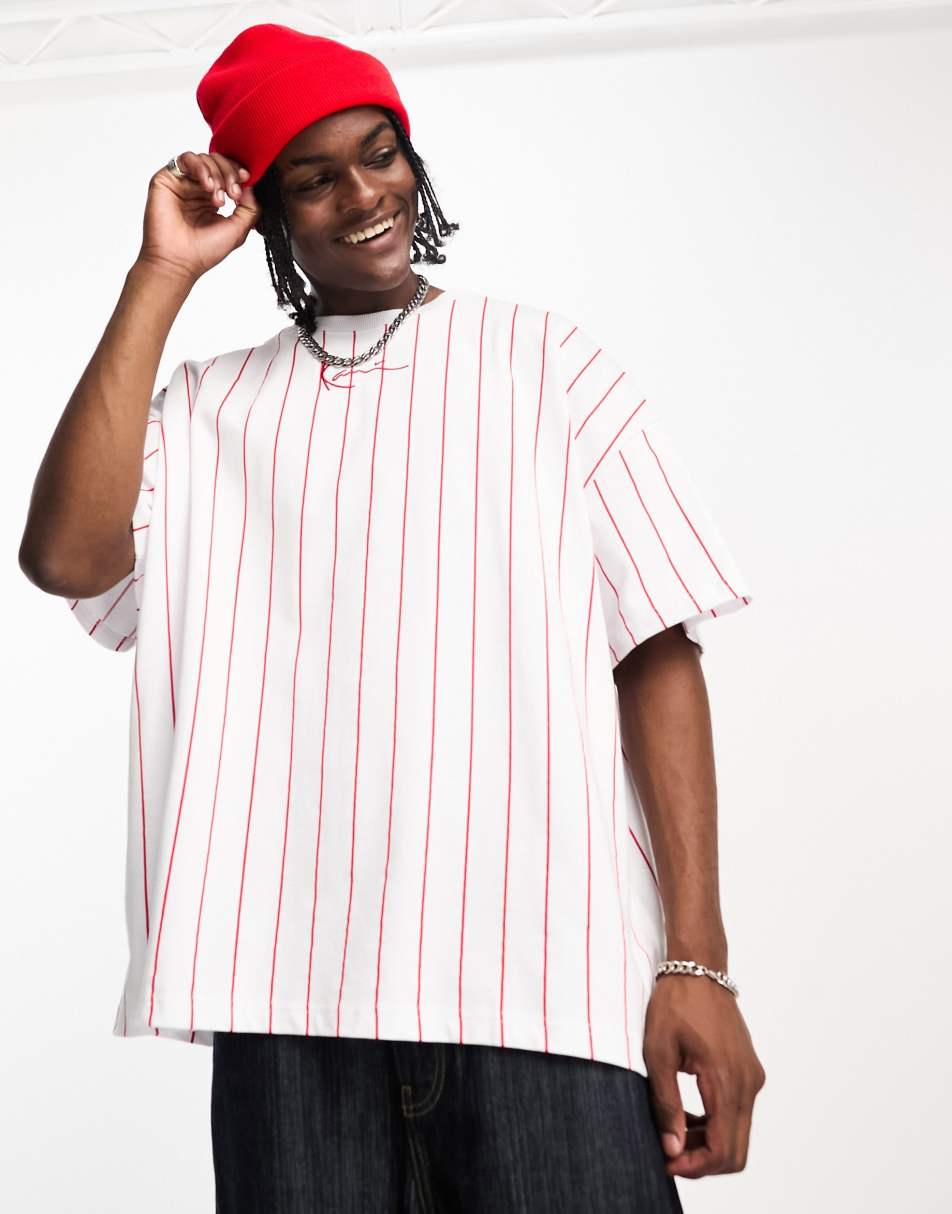 Karl Kani small signature oversized pinstripe t shirt in white and