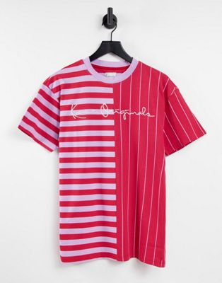 Karl Kani Spliced Oversized T-shirt In Pink Stripe With Logo-red | ModeSens