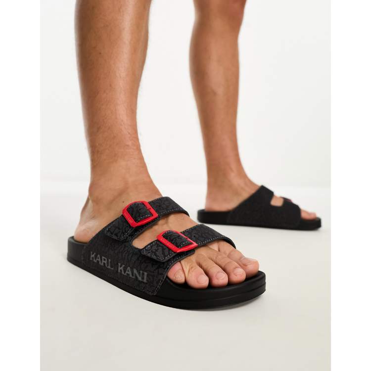 KARL KANI◆レザーサンダル Street Slide PRM [Black] Karl Kani street sliders in black with red buckles | ASOS