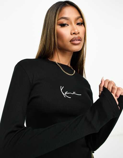 Karl Kani – Svart ribbad t-shirt med långa ärmar och liten signatur