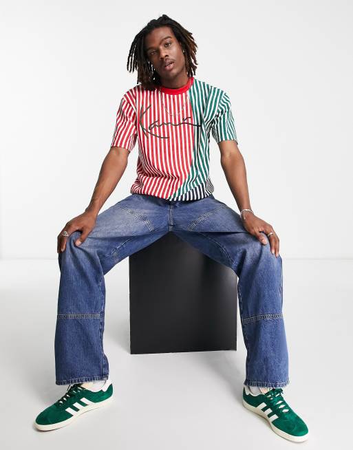 Karl Kani - T-shirt a righe color block multicolore con firma, 3 di 4